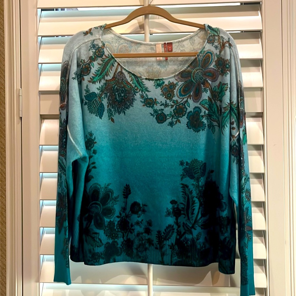 Anthropologie Teal Floral Ombre Sweater